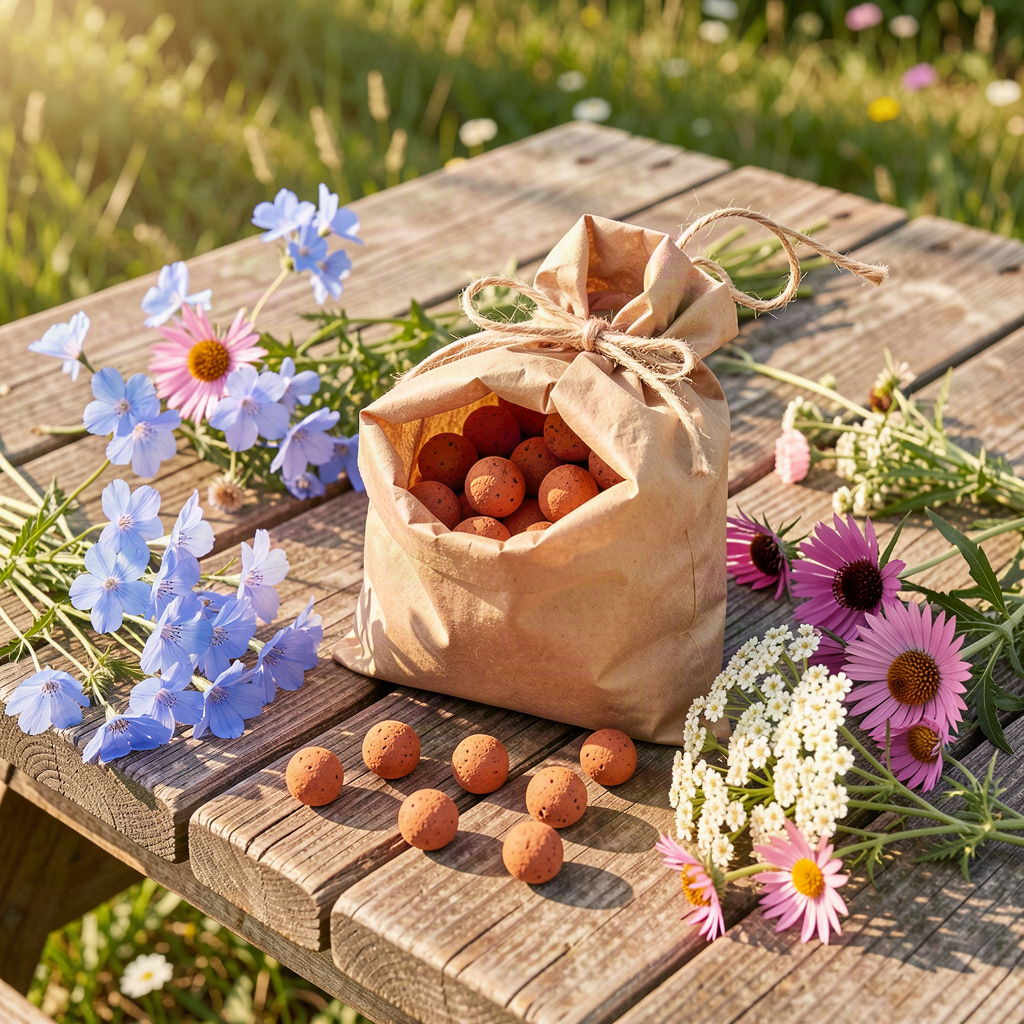 A little kraft paper bag of THROWN seed balls surrounded by fresh western wildflowers