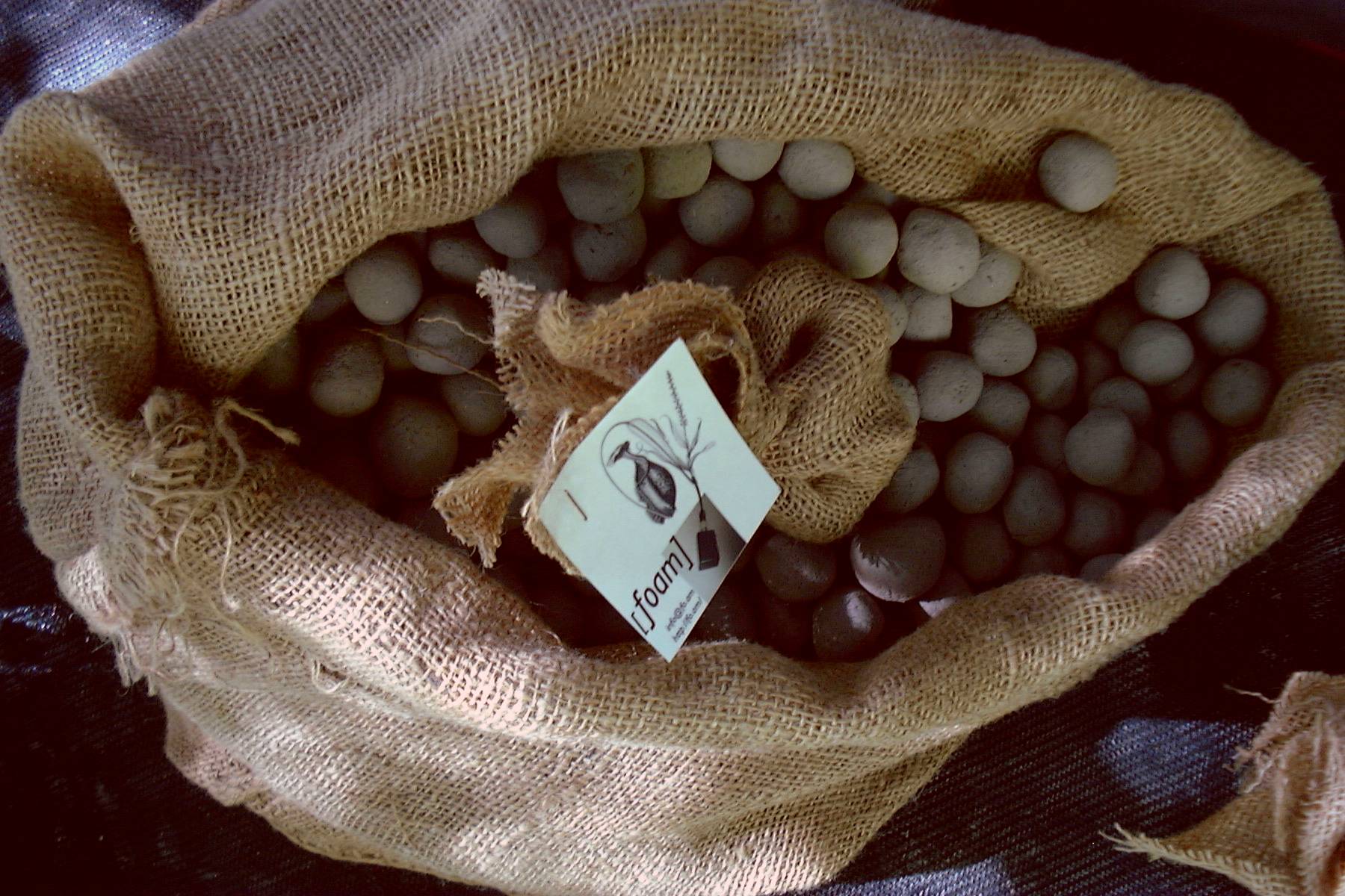 A sack of hand-rolled seed balls