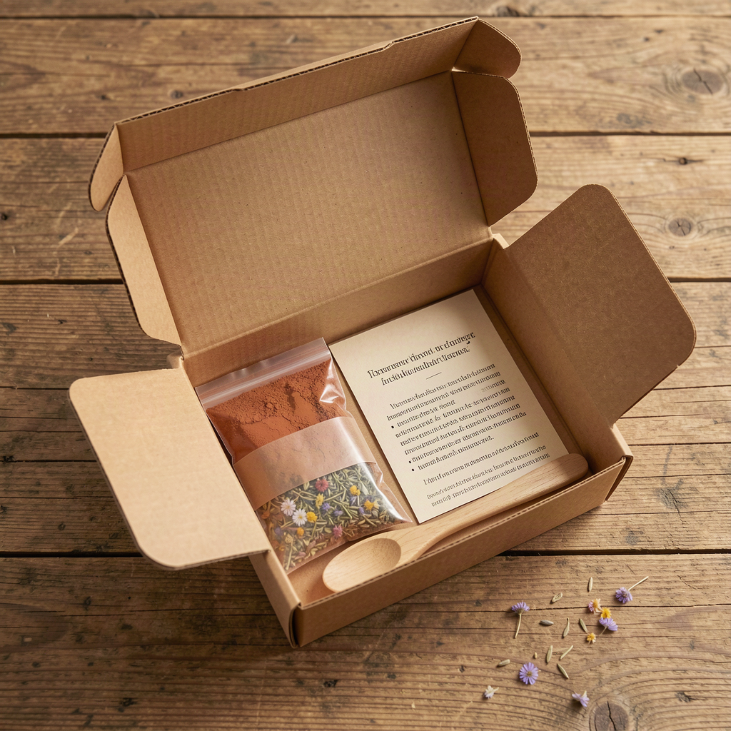 An open kraft box DIY seed bomb kit with pre-moistened clay dough, a seed packet, and a wooden scoop