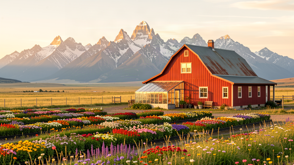 A red farmhouse and flower fields below the Teton mountains